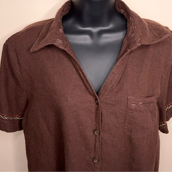 Vintage Large Classic Elements Brown Linen Blend Short Sleeve Button Up Top - Picture 9 of 13